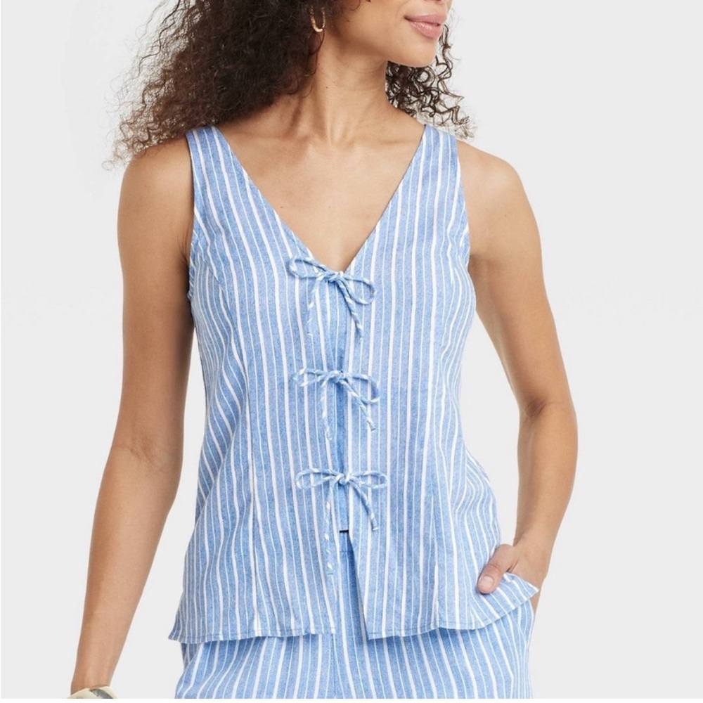 A New Day Blue Striped Tie Front Tank Top